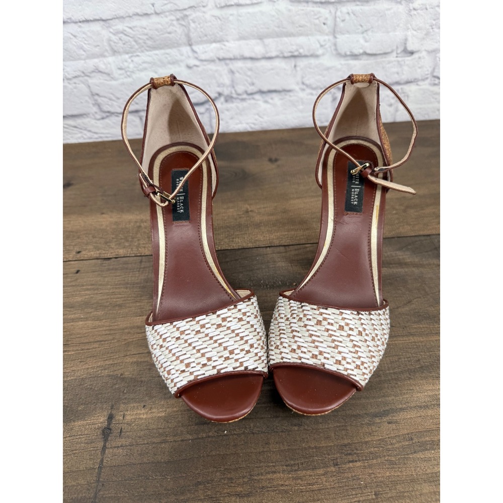 White House Black Market Raffia Wedge Heels Womens 7.5 Brown White Sandals Boho - Picture 3 of 13
